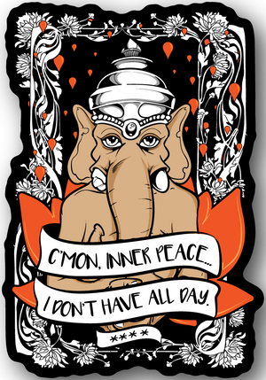 Inner Peace quote vinyl sticker with cartoon dog wearing headphones and quote banner, hearts