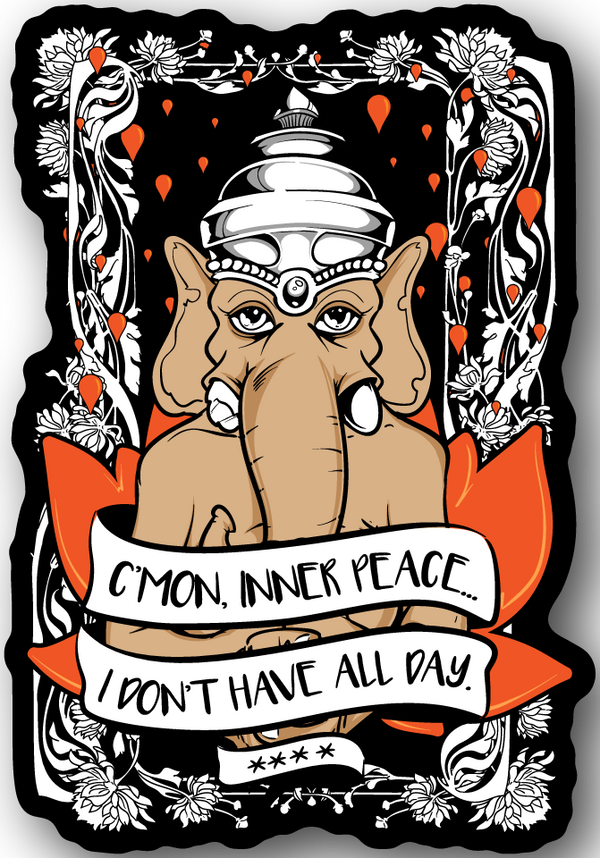 Inner Peace quote vinyl sticker with cartoon dog wearing headphones and quote banner, hearts