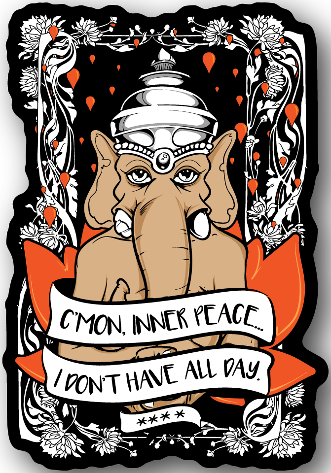 Inner Peace quote vinyl sticker with cartoon dog wearing headphones and quote banner, hearts