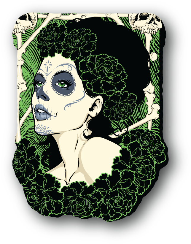 Mexicana vinyl sticker with green illustrated skull-flower portrait face