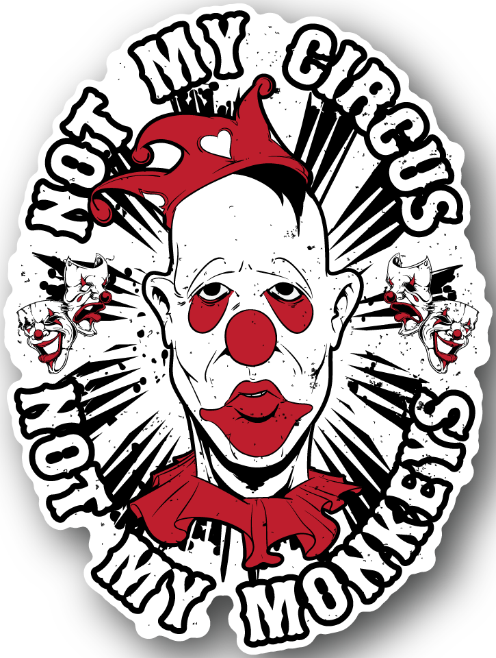 Clown vinyl sticker with red-and-white jester face and bold circus-style text ring