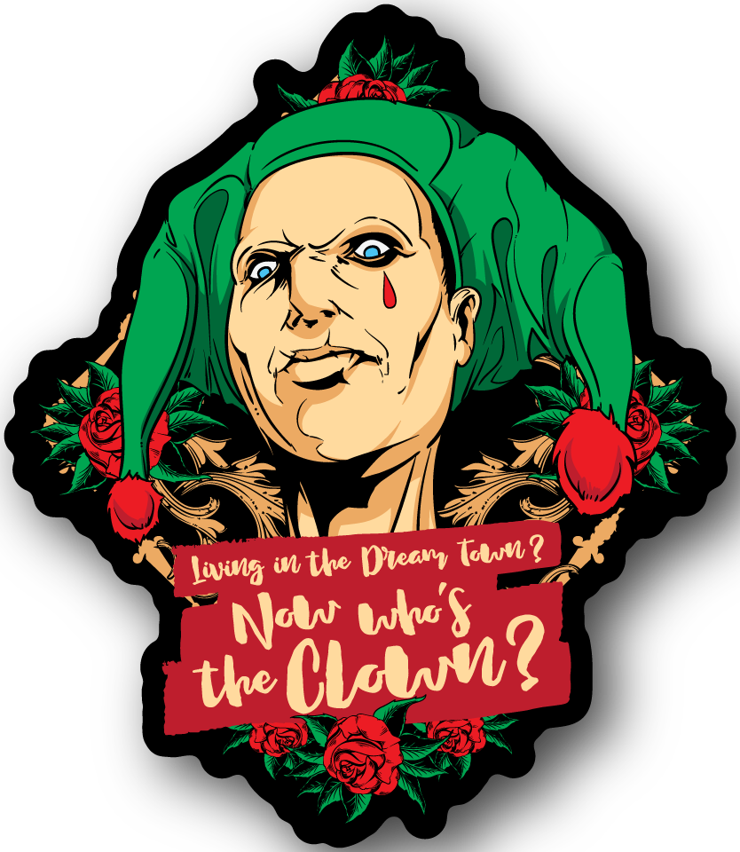 Vinyl sticker of a cartoon clown with green hair, red roses, and red text banner
