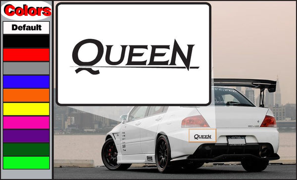 Queen line text decal with bold black QUEEN lettering on white