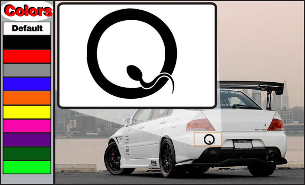 Black circular Q decal with white inner shape on rectangular backing