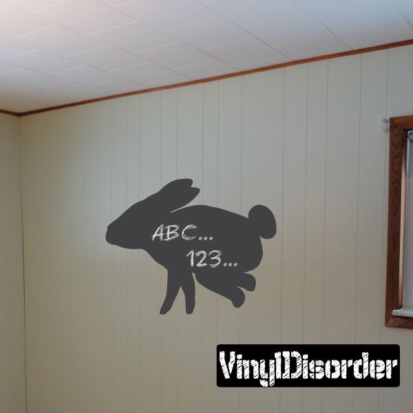 Rabbit chalkboard decal with dark rabbit silhouette and chalk-style writing ABC and 123