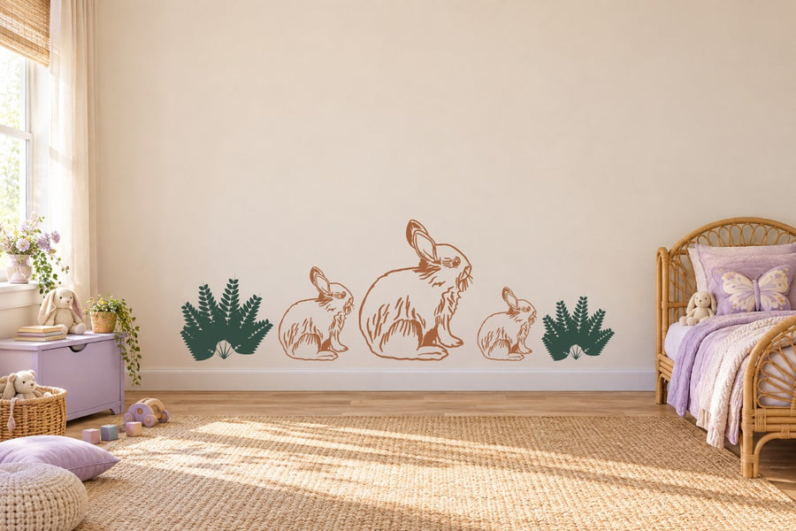 Rabbit family meadow wall decal kit with outline rabbits, chicks, grass, and shrubs