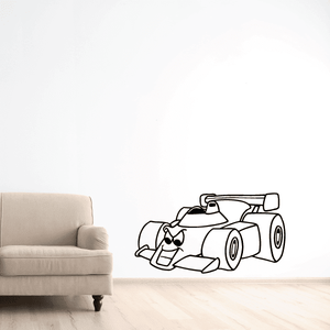 Cartoon race car wall decal with black line art, front and side view