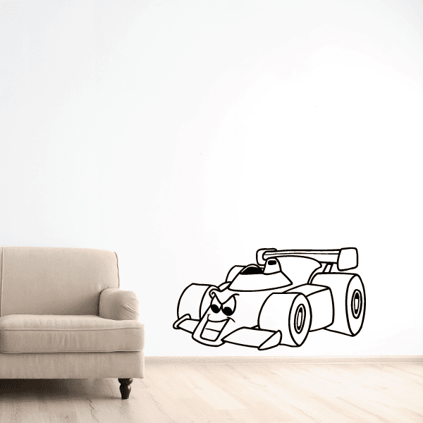 Cartoon race car wall decal with black line art, front and side view