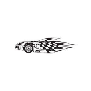 Race car checkered flames decal with black-and-white flame graphics