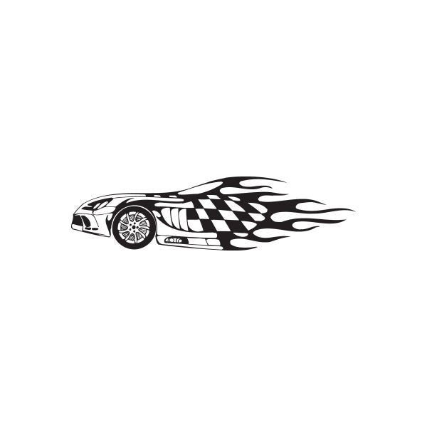 Race car checkered flames decal with black-and-white flame graphics