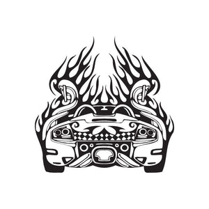 Race car decal with black flame design around the front grille and headlights