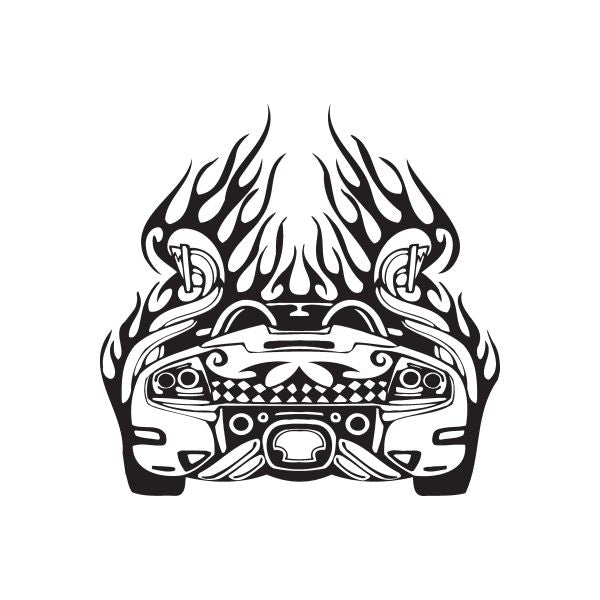 Race car decal with black flame design around the front grille and headlights