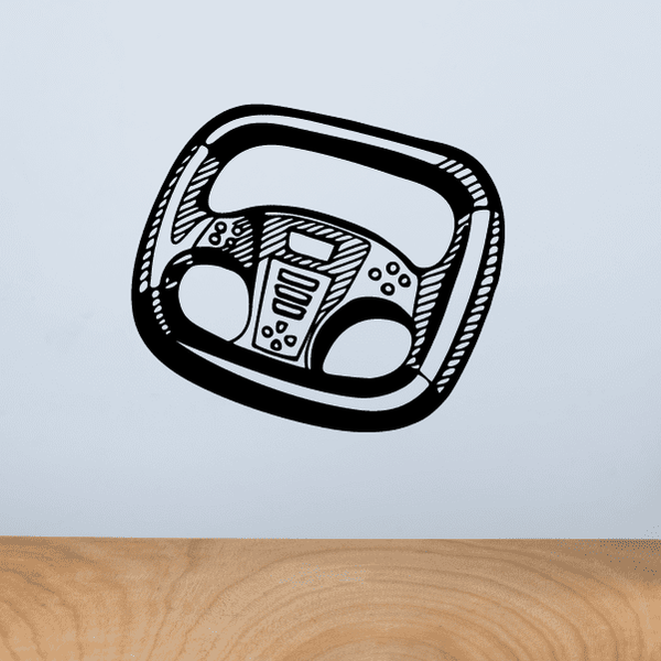 Race car steering wheel decal in black and white, stylized dashboard design