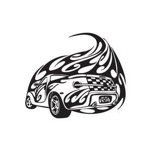 Race car flame decal with checkered stripes
