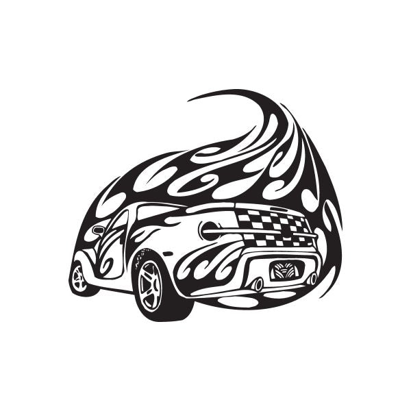 Race car flame decal with checkered stripes