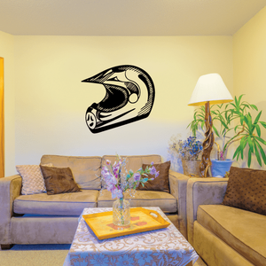 Motocross helmet vinyl decal with bold black outline on wall