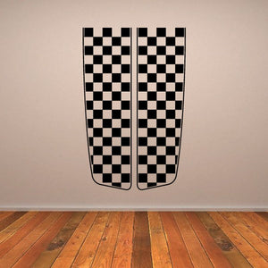 Racing checkered flags wall decal, two vertical panels in black and white