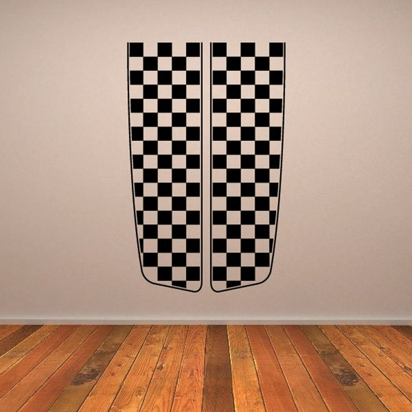 Racing checkered flags wall decal, two vertical panels in black and white