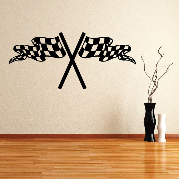 Crossed checkered flag wall decal vinyl stickers with two flags and ribbon tails