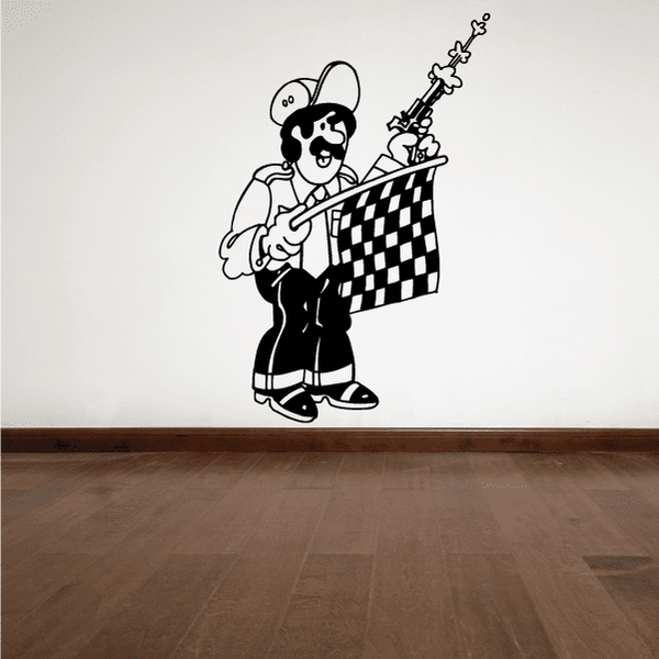 Cartoon race start decal of panda holding checkered flag on a stick