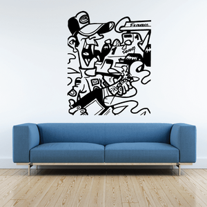 Race team cartoon wall decal with driver and car in black and white