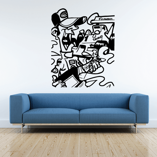 Race team cartoon wall decal with driver and car in black and white