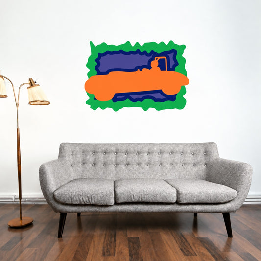 Race car sticker with orange race car and green border on dark blue background