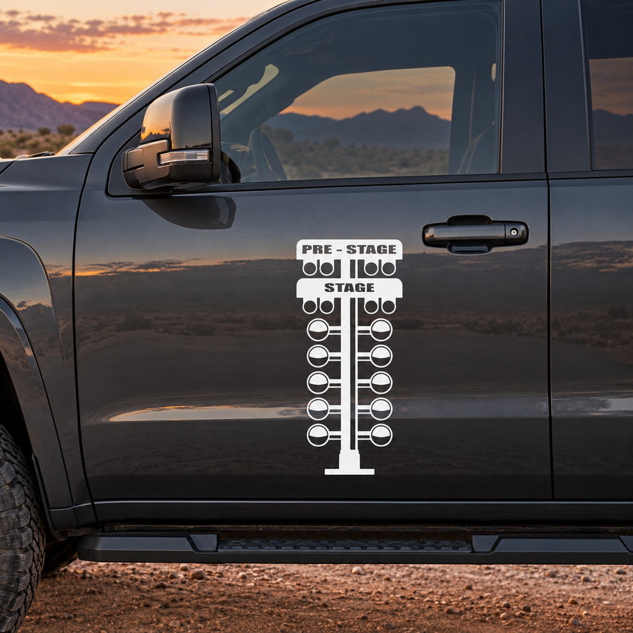 Vinyl decal for car door with vertical stage cue list and PRE-STAGE label