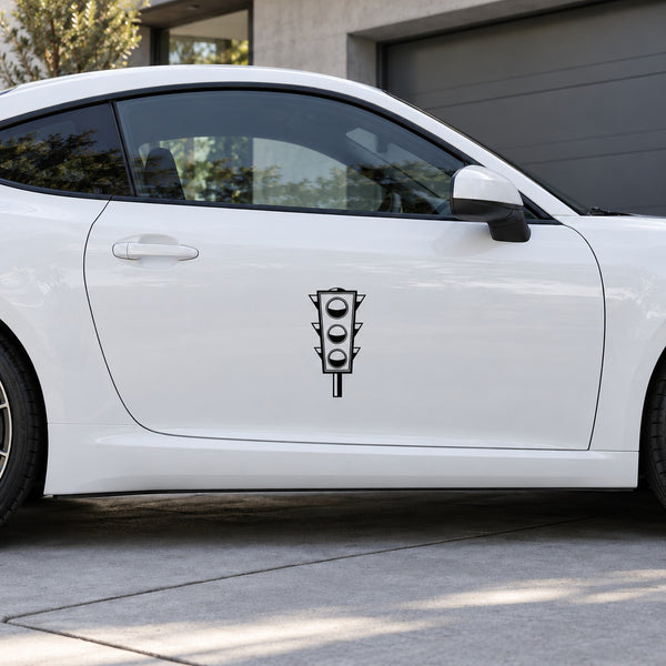 Standing stop light vinyl decal on a car door, black and white