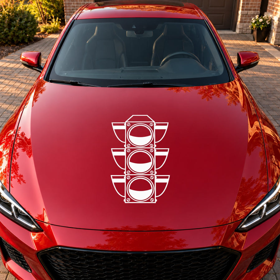 Car hood vinyl decal: three circular light icons, white on red