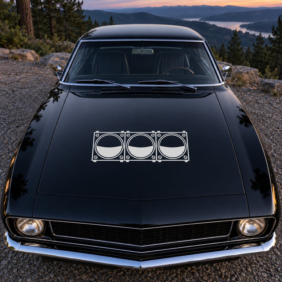 Horizontal three-light vinyl decal with three circular lamp outlines on car hood