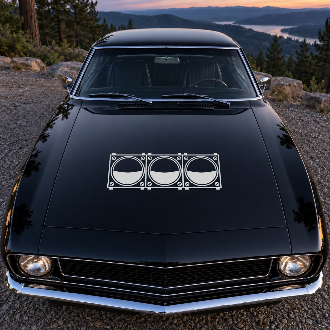 Horizontal three-light vinyl decal with three circular lamp outlines on car hood