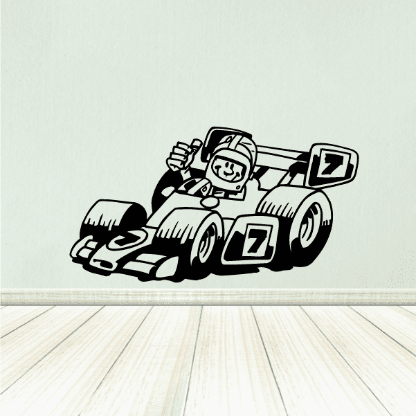 Cartoon race car decal in black line art with number 7 on the side