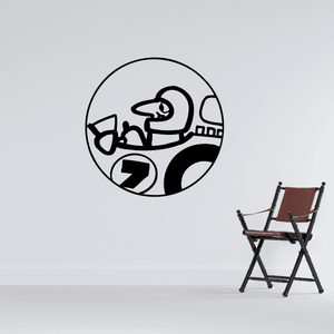 Circular racer decal with black outline and helmeted driver icon, bowtie and car details