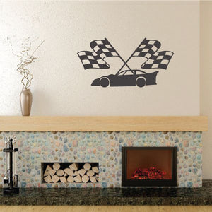 Racing checkered flags wall decal with crossed flags and car silhouette, black and white