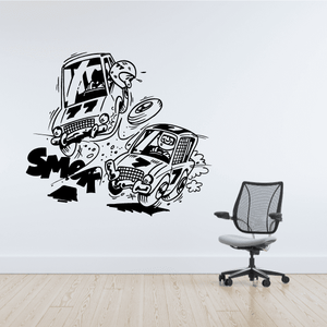 Black-and-white racing crash cartoon decal with wrecked race car and helmeted driver