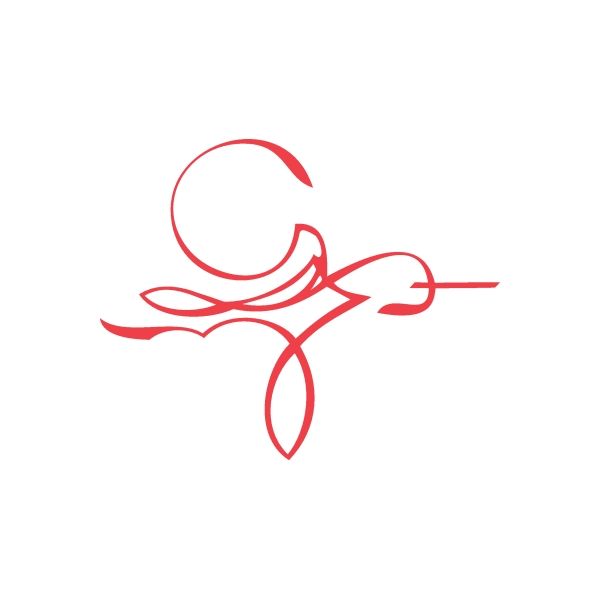 Red racing graphic wall decal with circular swirl and flame-like accents