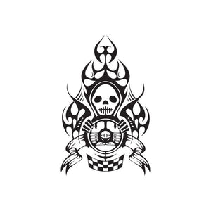 Racing graphic wall decal, black skull with flames, banner, and checkered pattern