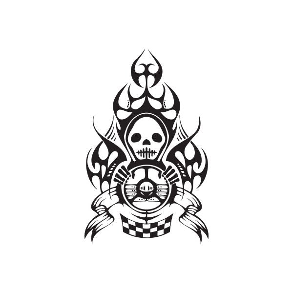 Racing graphic wall decal, black skull with flames, banner, and checkered pattern