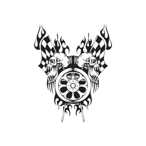 Racing skull steering wheel wall decal with checkered flags and flames, vinyl sticker