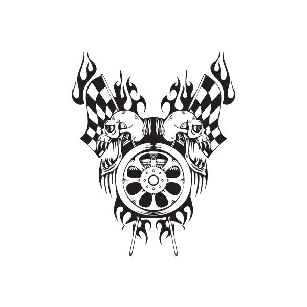 Racing skull steering wheel wall decal with checkered flags and flames, vinyl sticker