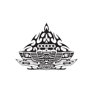 Racing vinyl wall decal featuring black-and-white flame and wing emblem