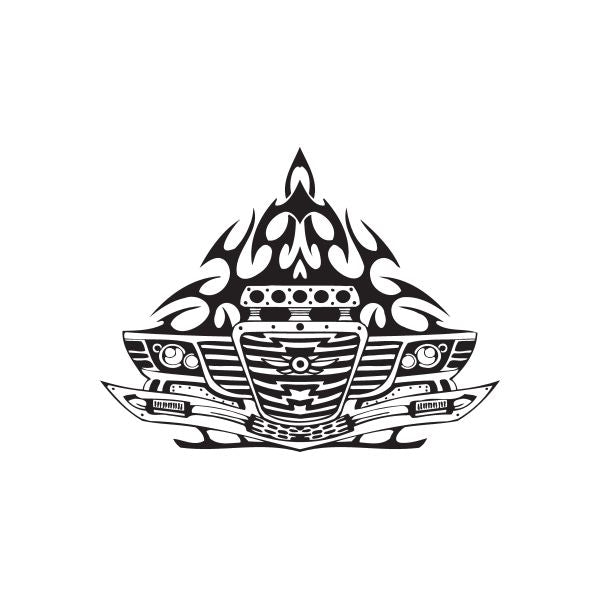 Racing vinyl wall decal featuring black-and-white flame and wing emblem
