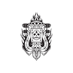 Racing graphic wall decal with skull robot and flames, outlined in black