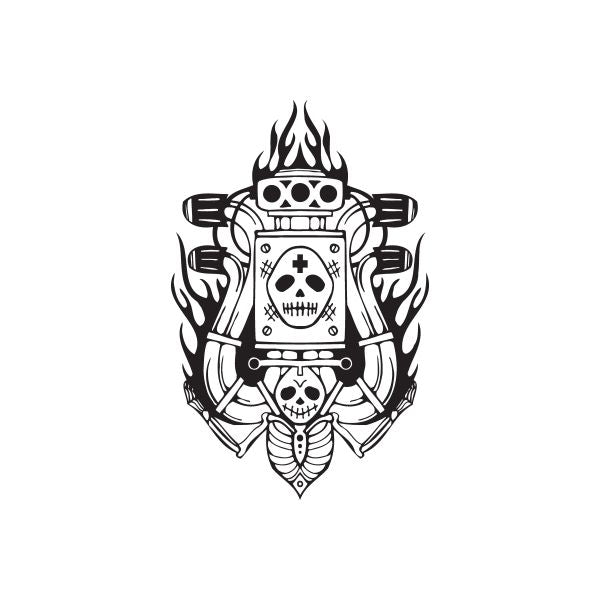 Racing graphic wall decal with skull robot and flames, outlined in black