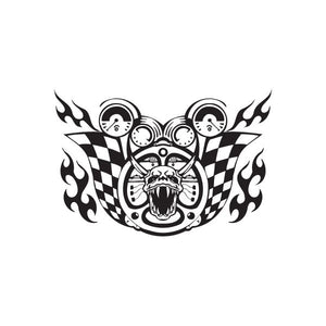 Racing wall decal vinyl graphic with skull, checkered flags, flames, and badges