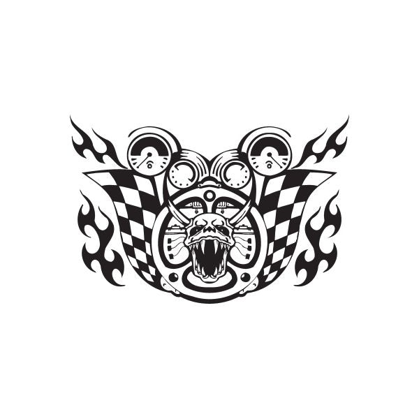 Racing wall decal vinyl graphic with skull, checkered flags, flames, and badges