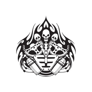 Black racing graphic wall decal with skull, flames, and crossed weapons