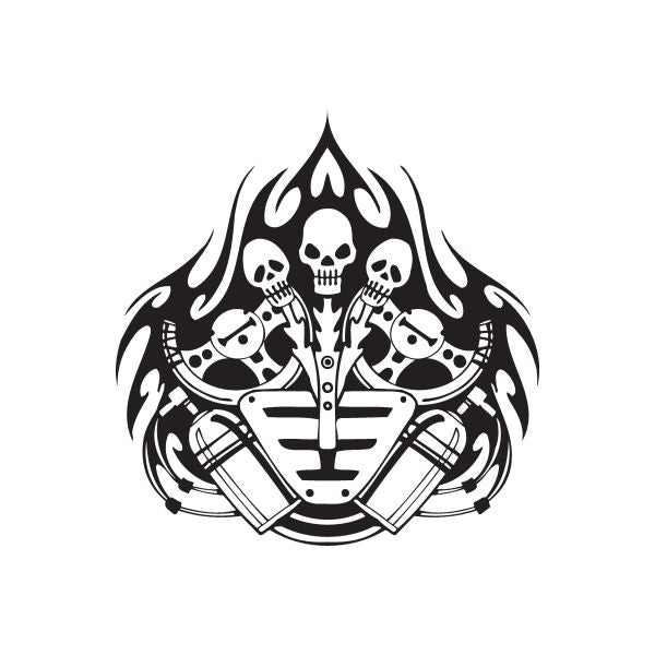 Black racing graphic wall decal with skull, flames, and crossed weapons