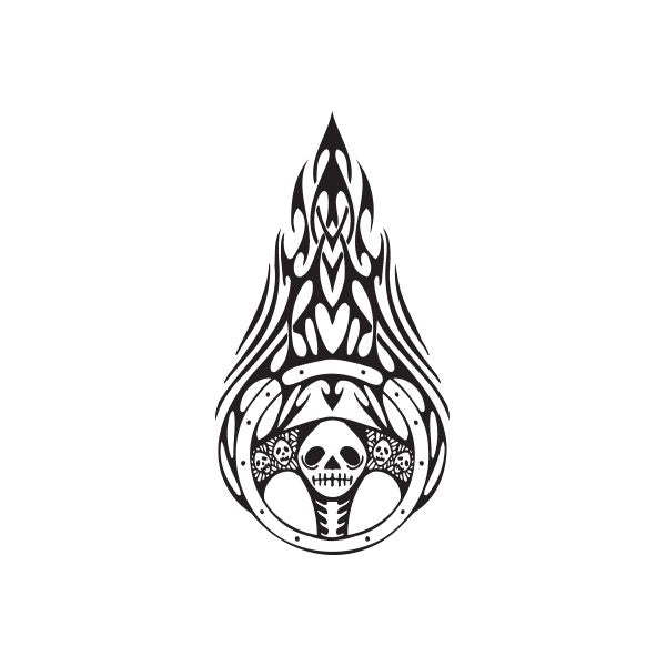 Racing skull flame vinyl wall decal, black and white